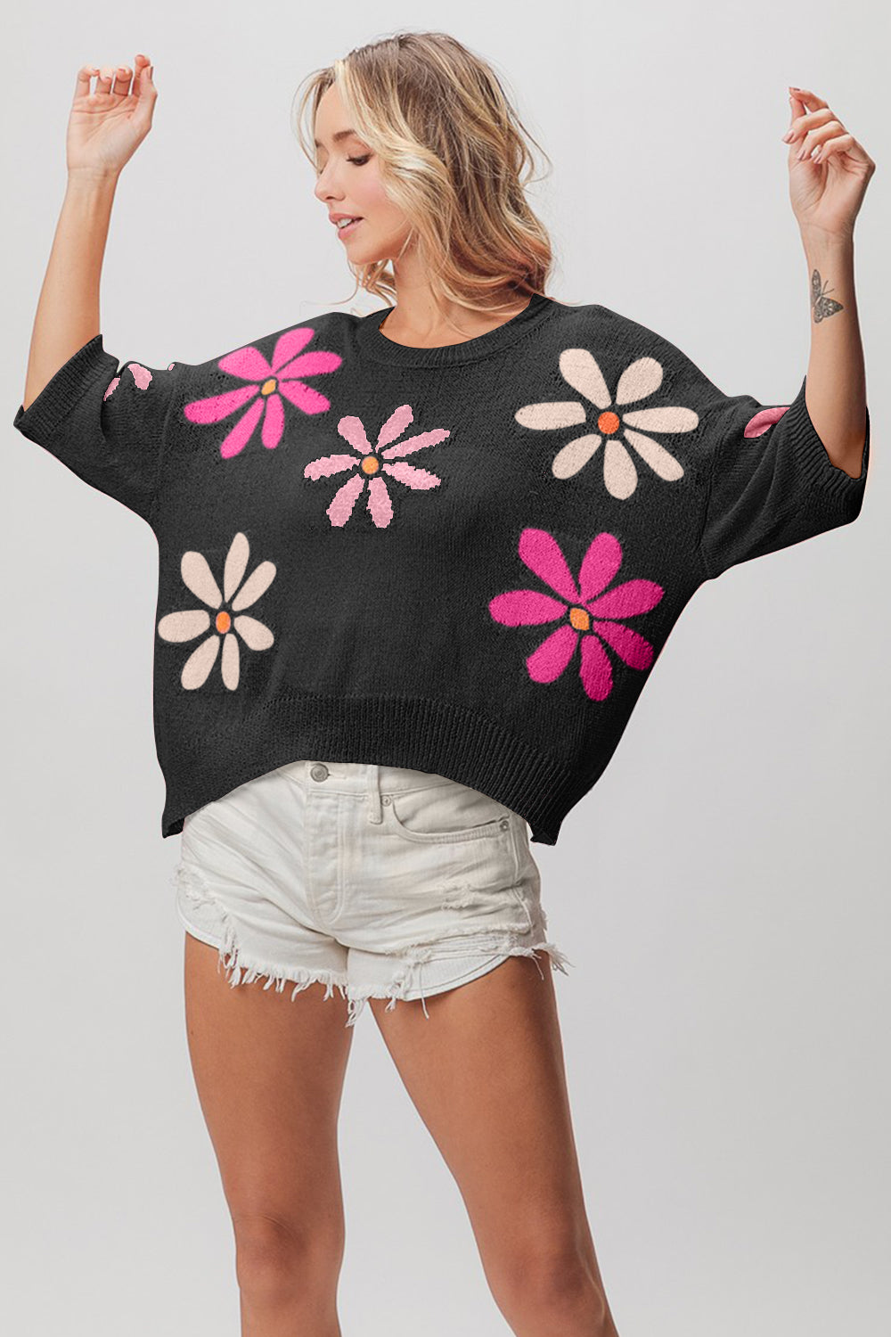 Floral Pattern Cropped Sweater