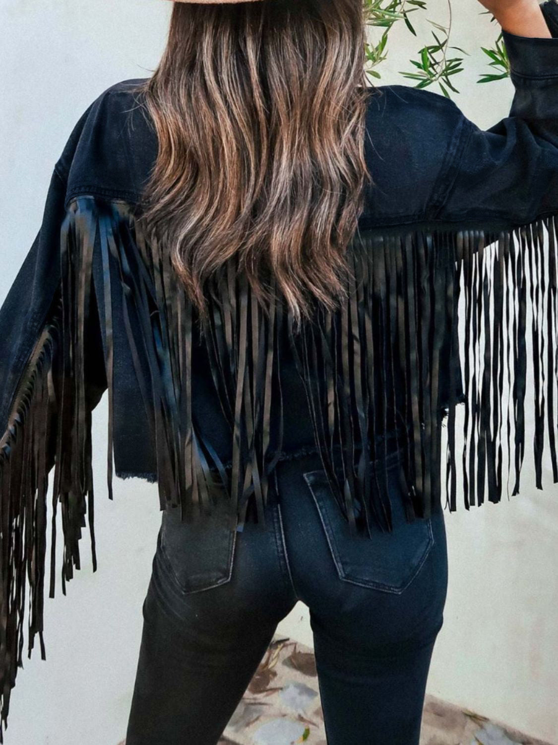 Fringe Button Up Long Sleeve Denim Jacket