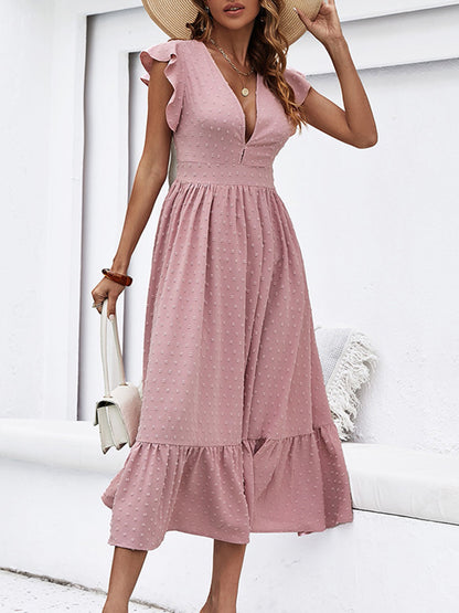 Swiss Dot Ruffled Plunge Dress