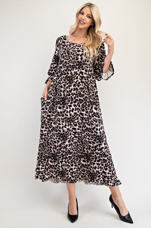 Leopard Round Neck Flounce Sleeve Dress