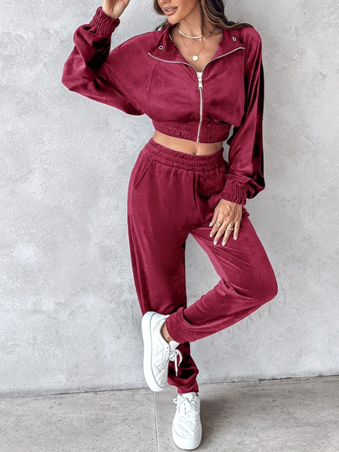 Zip Up Long Sleeve Cropped Top and Joggers Set