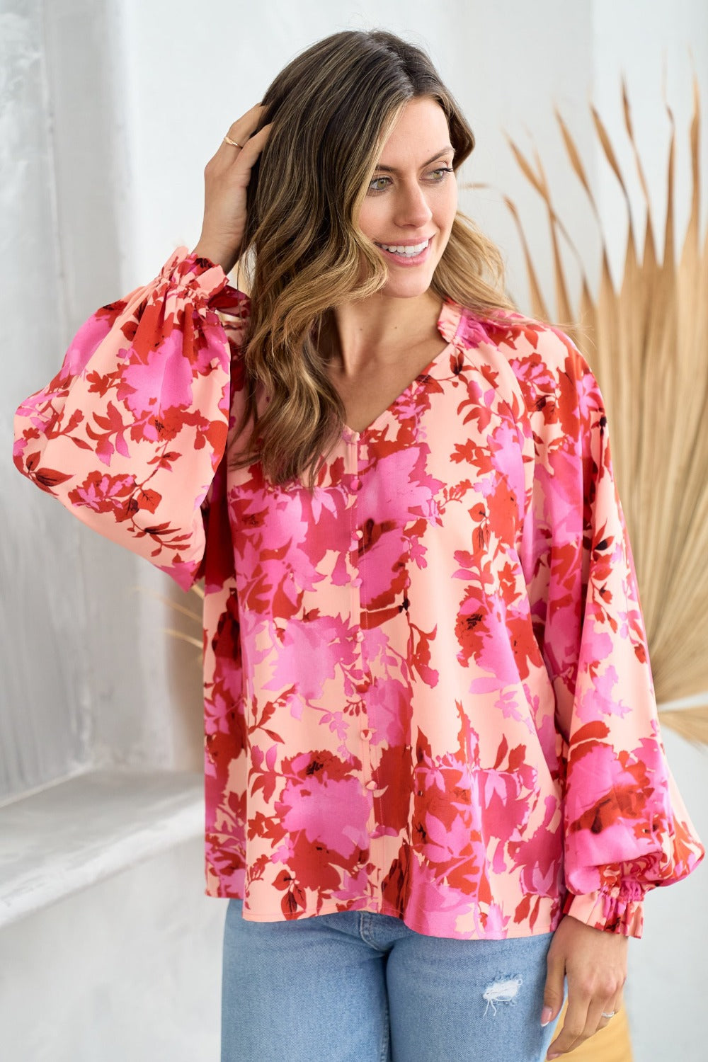 Ruffle V-Neck Decor Button Floral Blouse