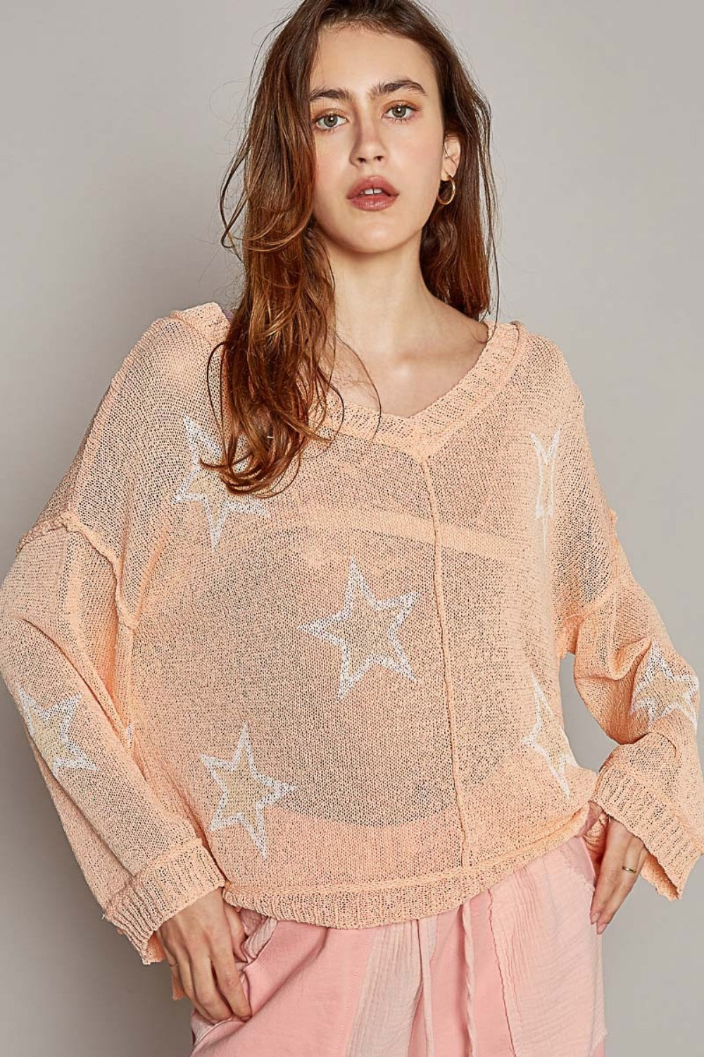 V-Neck Long Sleeve Star Print Knit Top