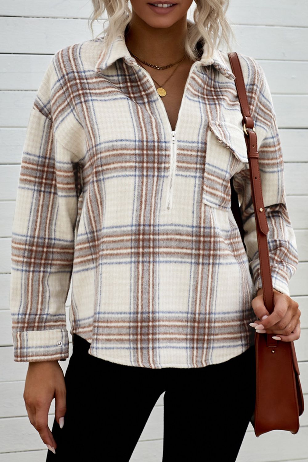 Plaid Half-Zip Collared Curved Hem Sweatshirt