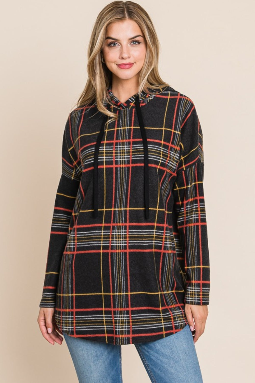 Drawstring Plaid Long Sleeve Hoodie