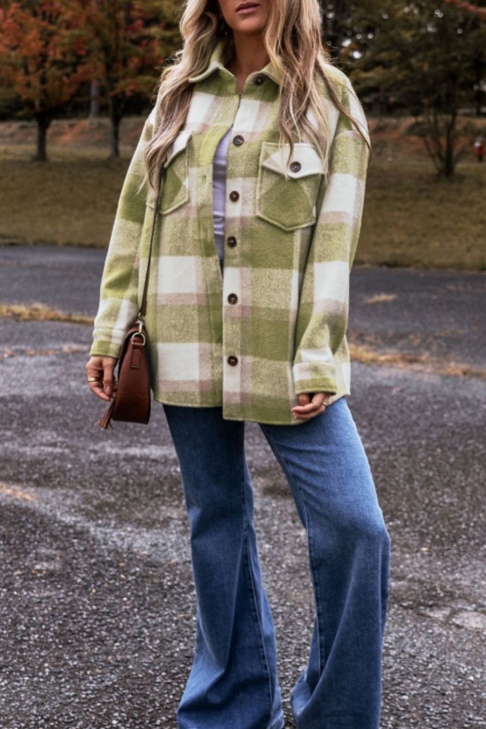 Pocketed Plaid Collared Neck Shacket