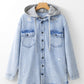 Distressed Button Up Hooded Denim Jacket with Pockets