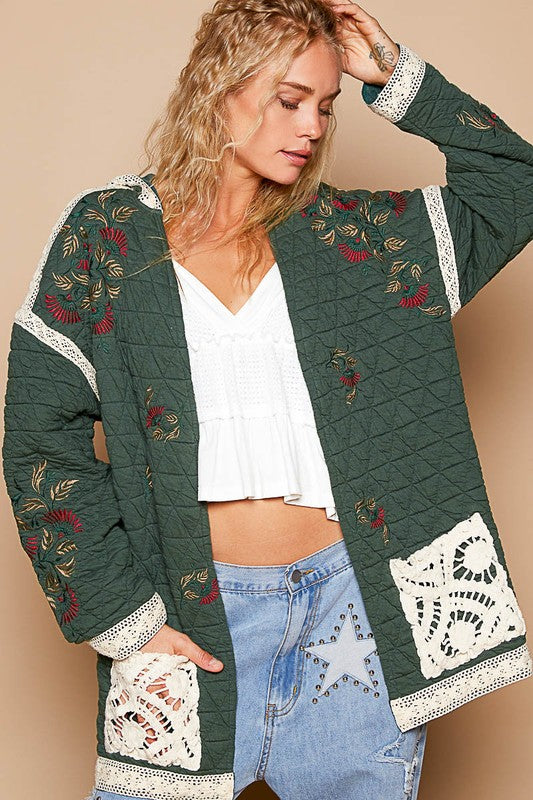 Embroidered Open Front Quilted Jacket with Crochet Pockets