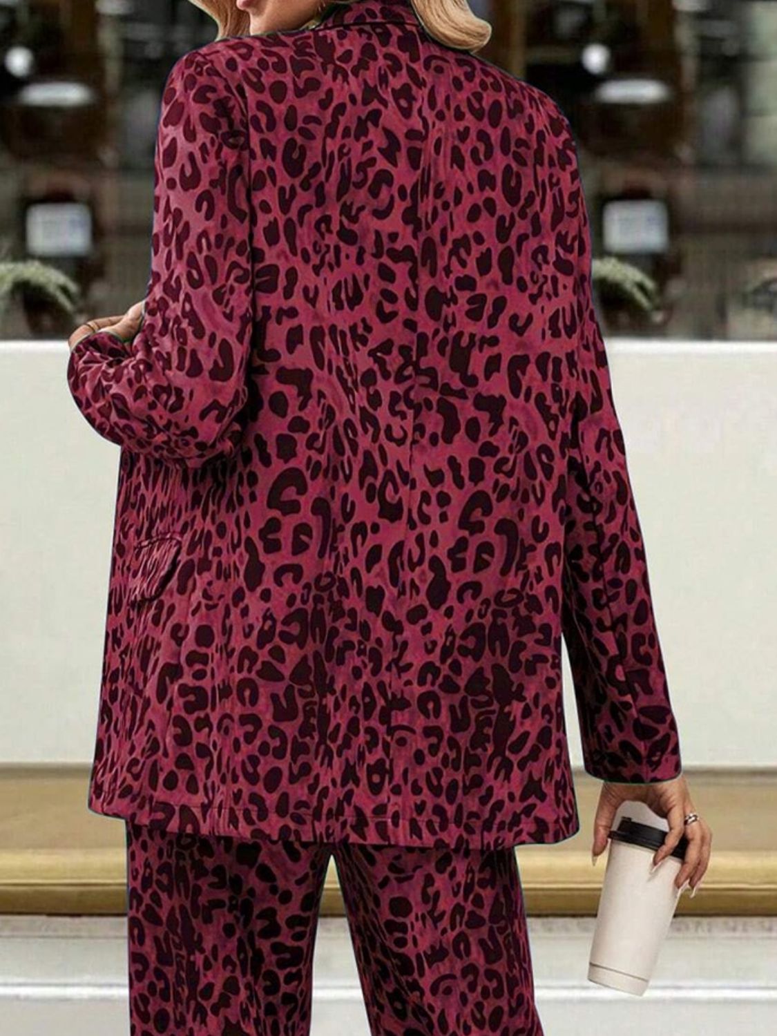 Leopard Lapel Collar Long Sleeve Blazer and Pants Set