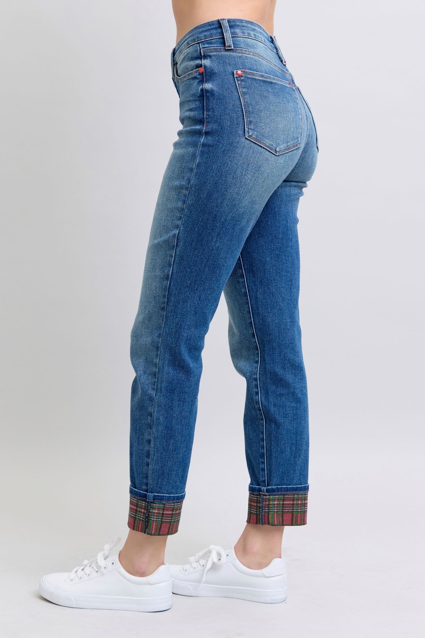 Judy Blue Plaid Print Cuff Straight Leg Jeans