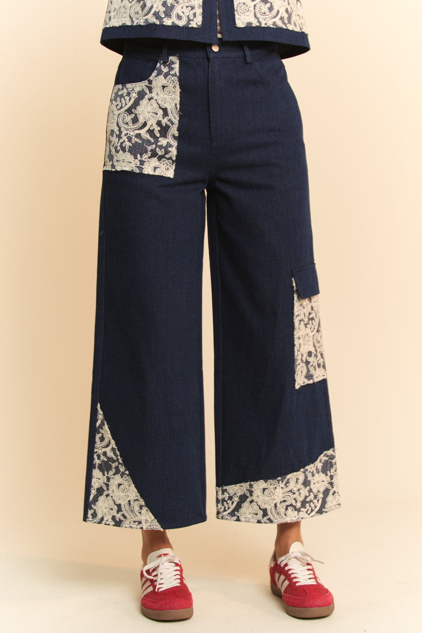 Lace Applique Wide Leg Jeans