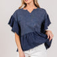 Ruffle Sleeve Washed Short Sleeve Blouse