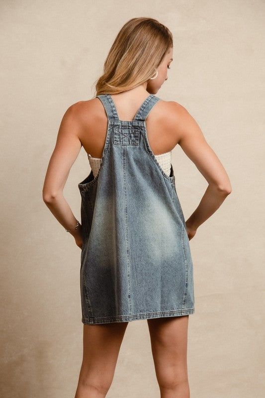 Washed Adjustable Strap Denim Overall Dress