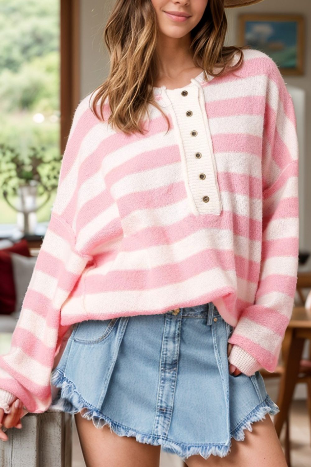 Exposed Seam Striped Round Neck Long Sleeve Sweater