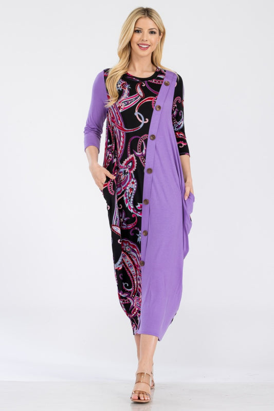 Paisley Contrast Midi Dress with Pockets