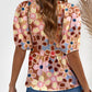 Smocked Printed V-Neck Half Sleeve Blouse