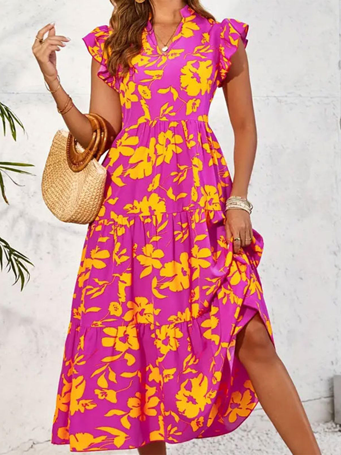 Ruffled Printed Cap Sleeve Midi Dress