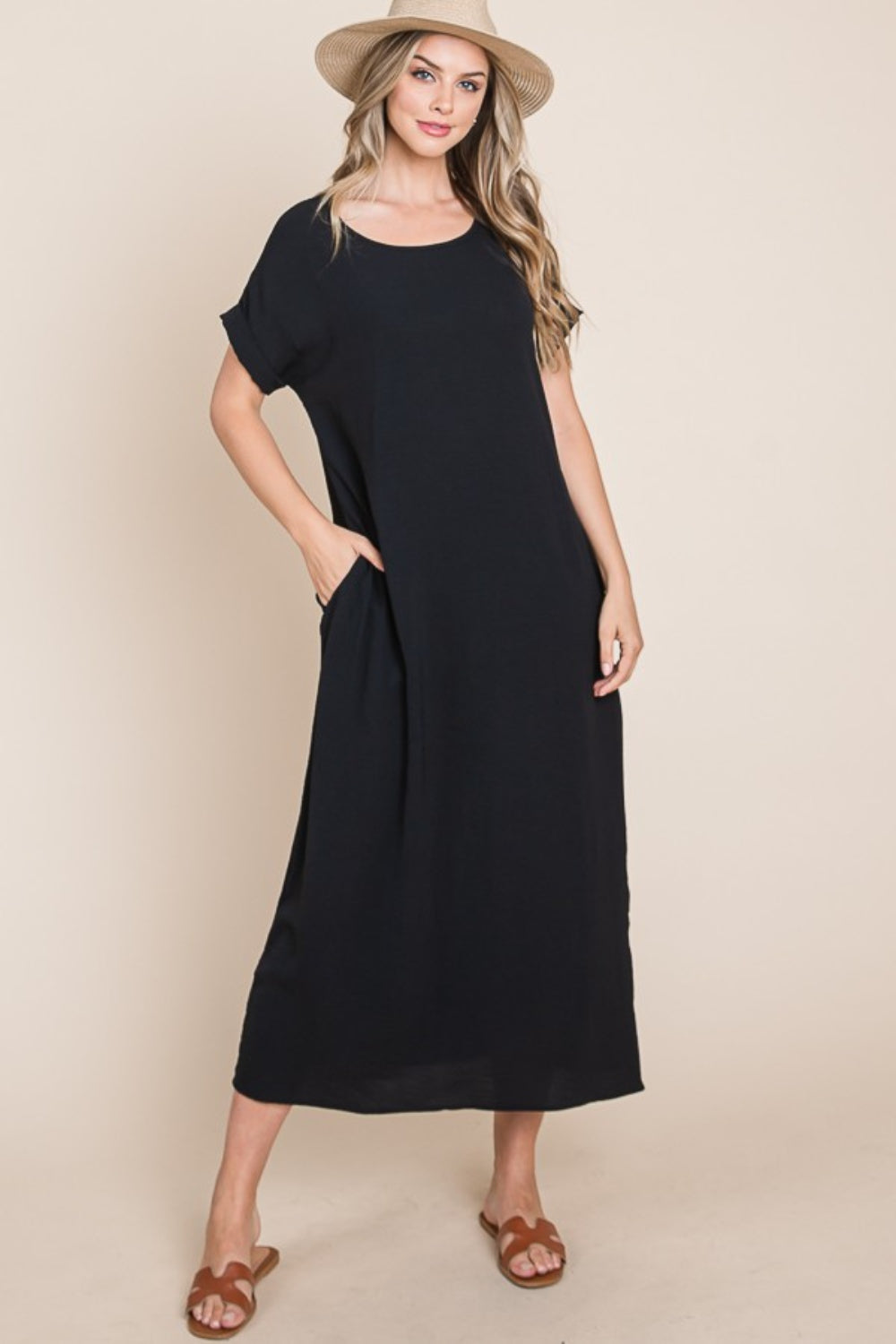 Round Neck Short Sleeve Midi Dress with Pockets