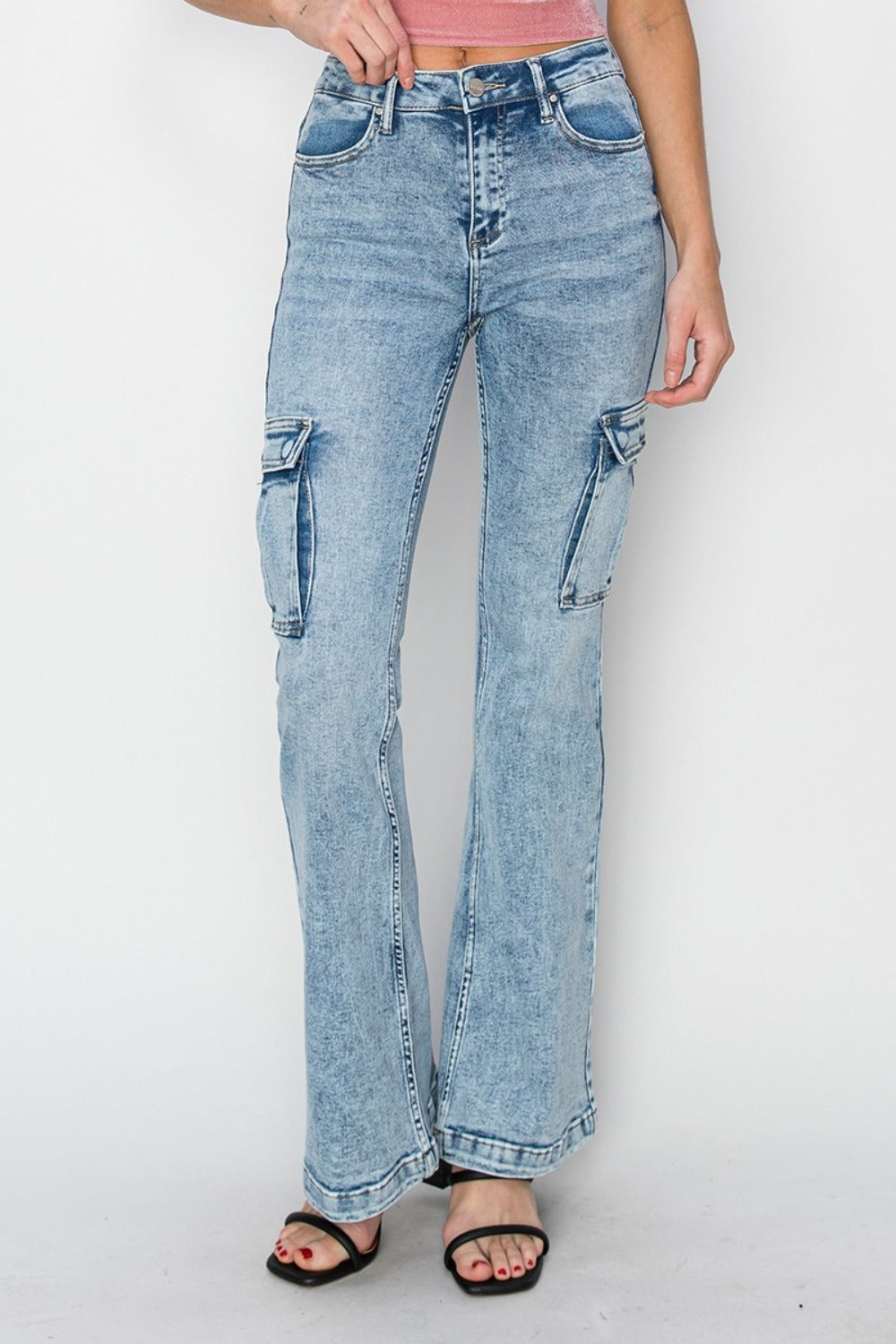 RISEN High Rise Cargo Flare Jeans