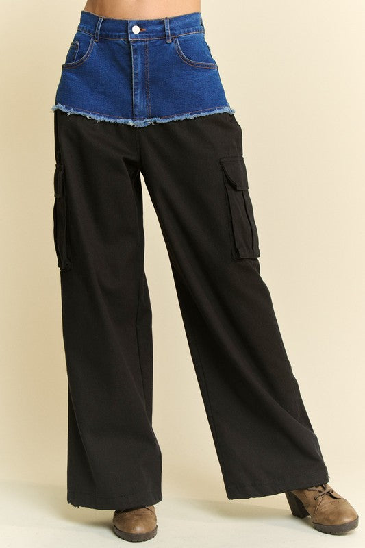 Denim Patchwork Wide Leg Pants with Cargo Pockets