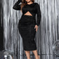 Plus Size Cutout Slit Round Neck Long Sleeve Dress