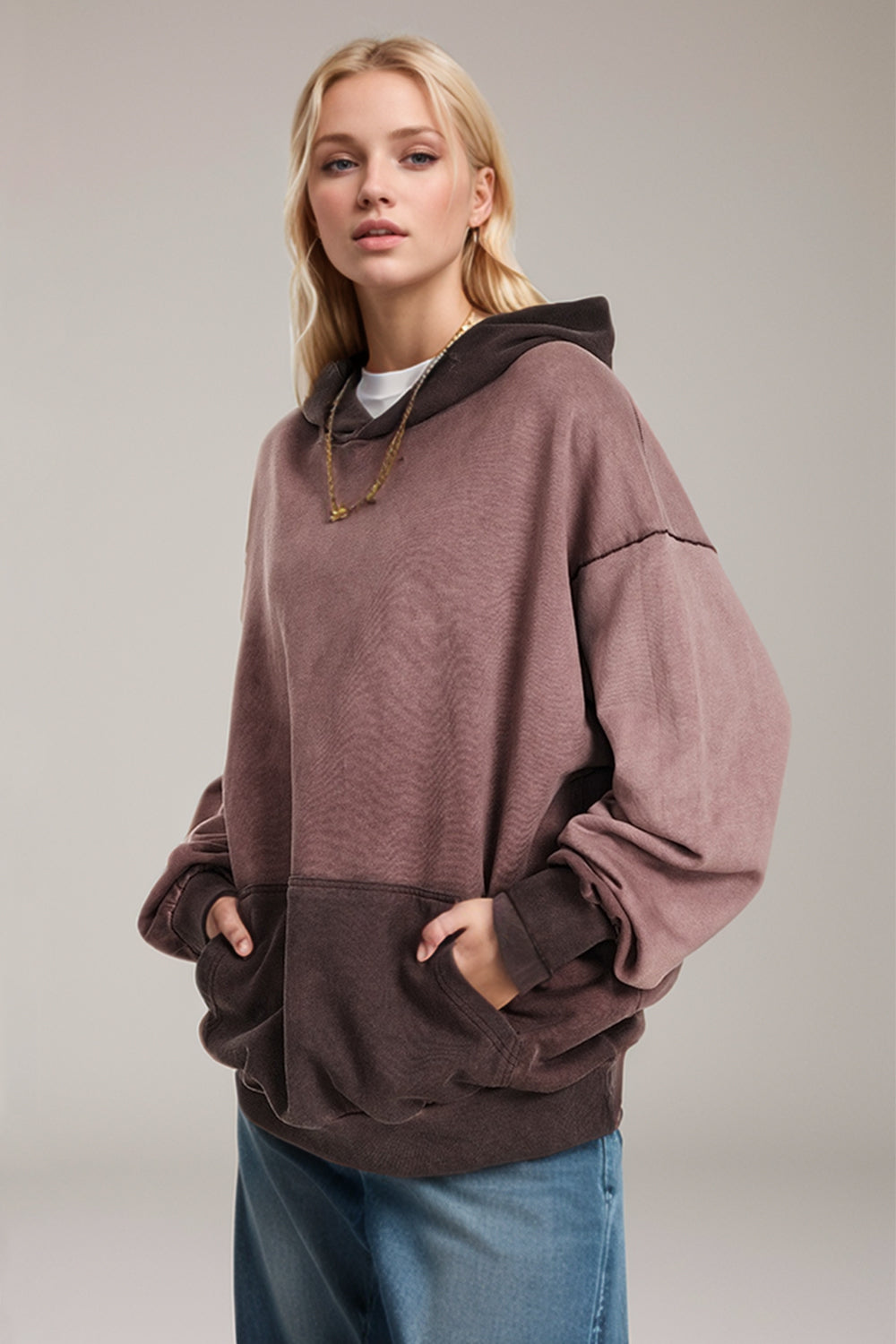 Drop Shoulder Long Sleeve Hoodie with Kangaroo Pocket