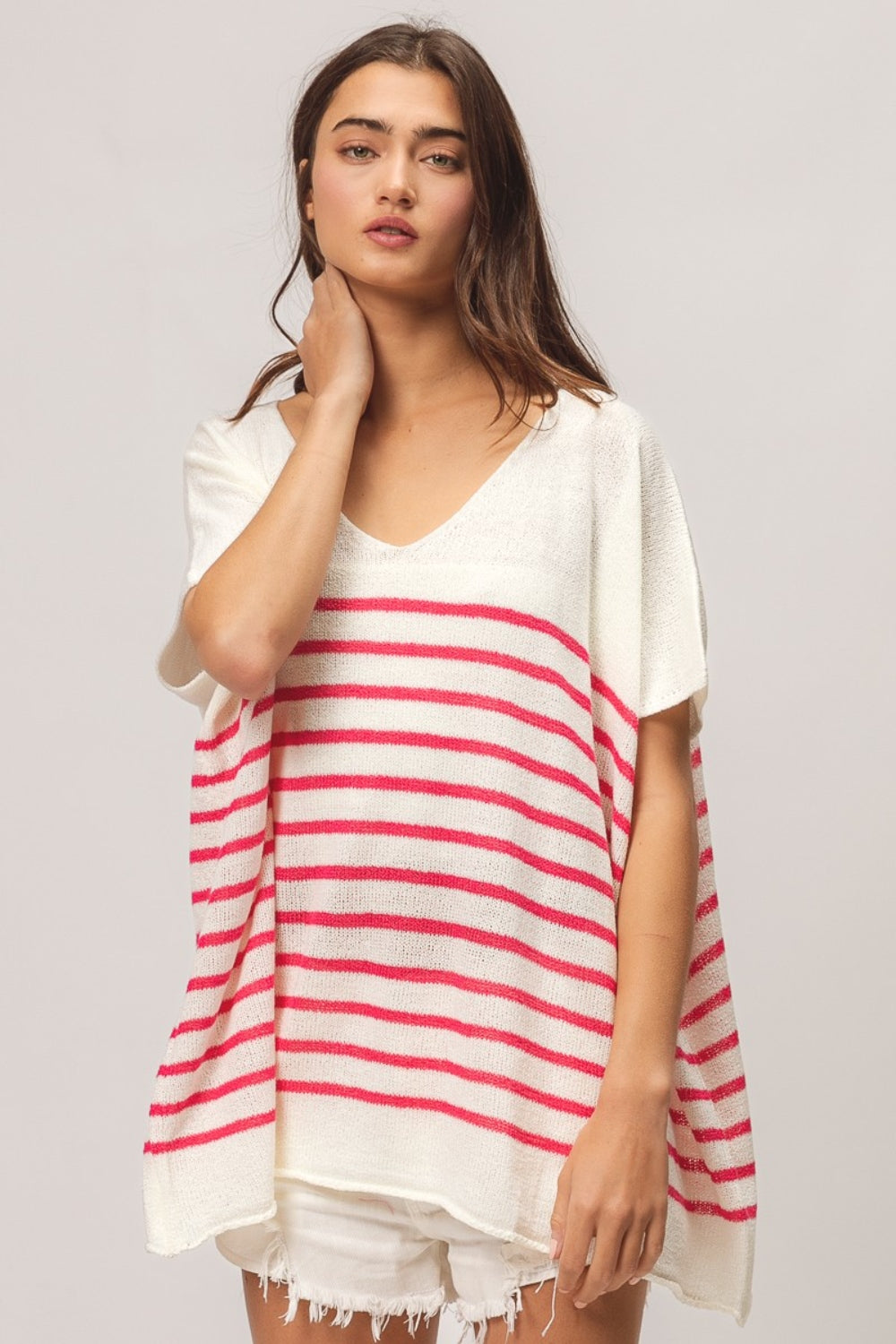 V Neck Striped Short Sleeve Top