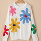 Flower Round Neck Dropped Shoulder Sweater