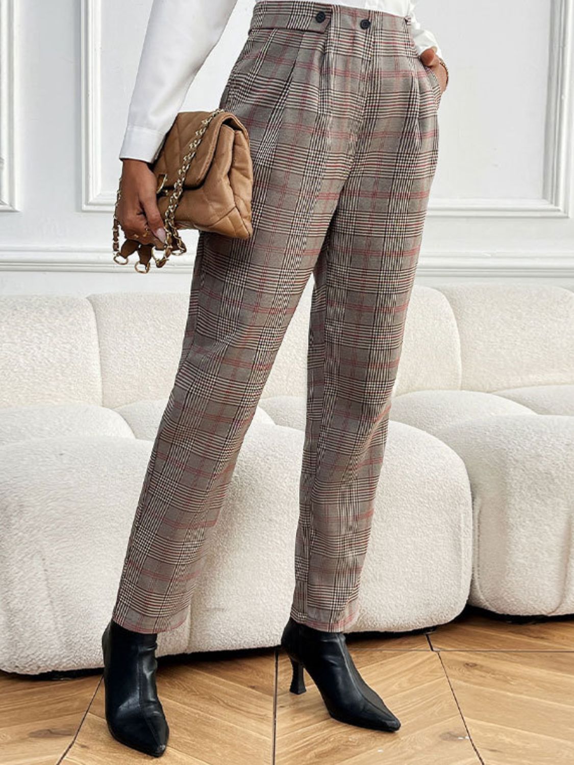 Plaid Straight Pants with Pockets