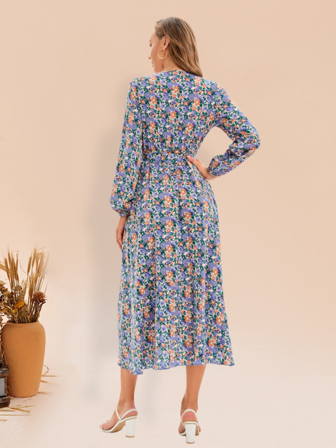 Full Size Printed Surplice Long Sleeve Dress