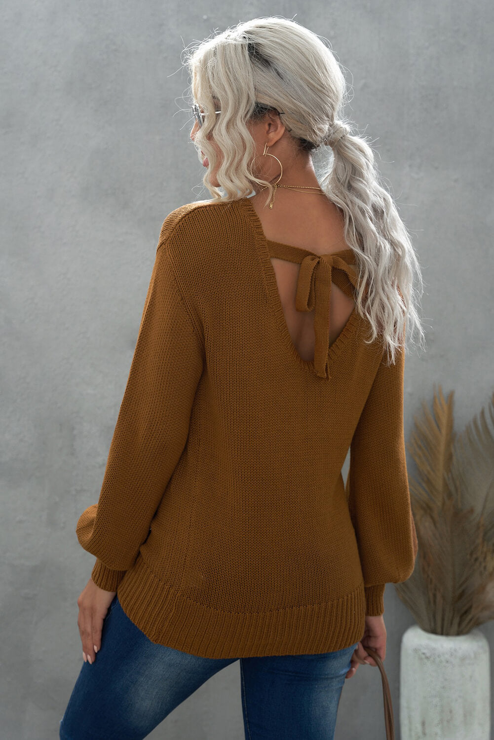 Tied Balloon Sleeve Round Neck Sweater