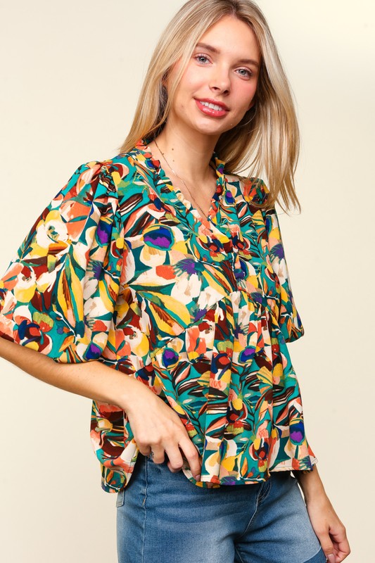 Frill Floral Puff Sleeve Peplum Blouse