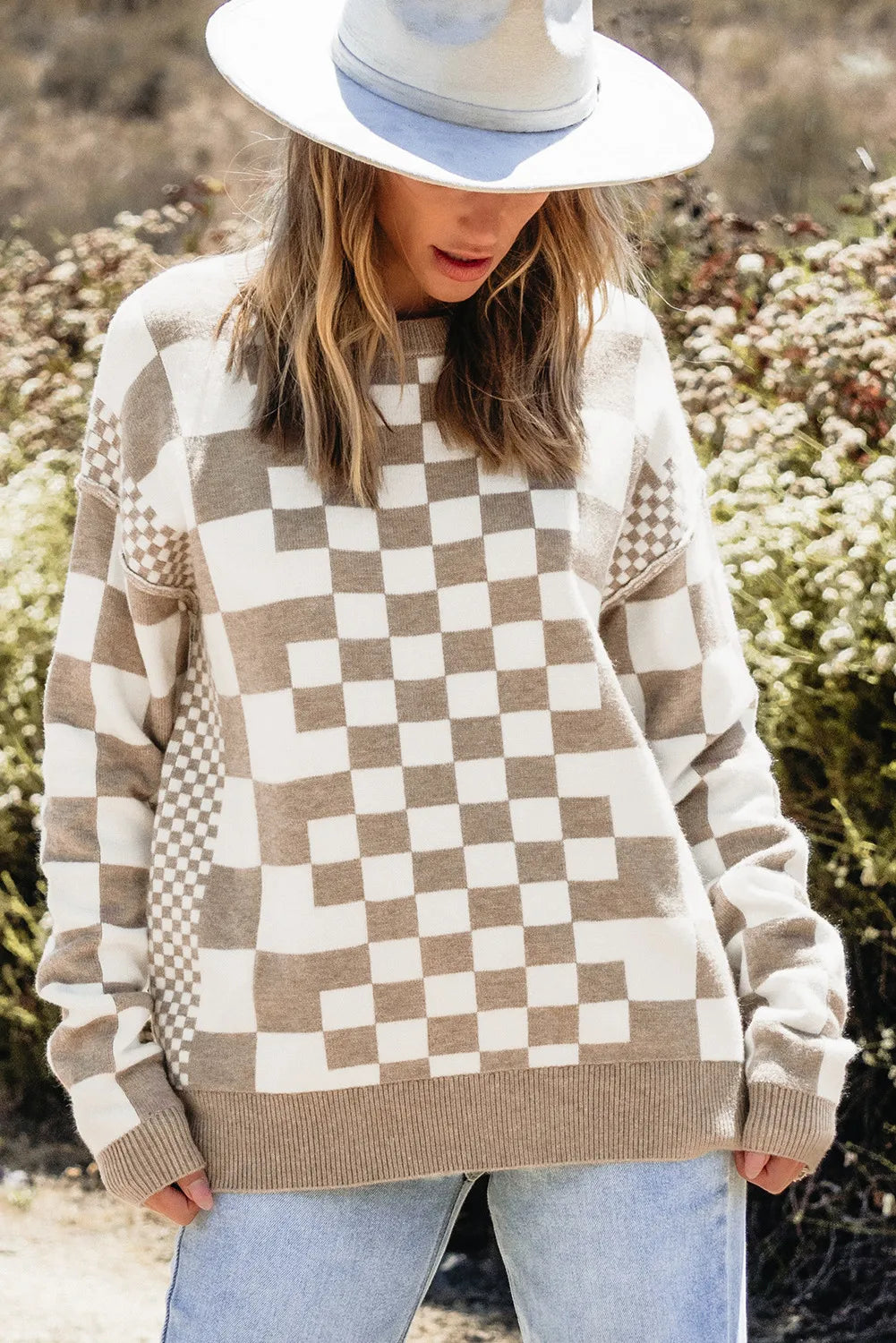 Checkered Round Neck Long Sleeve Sweater