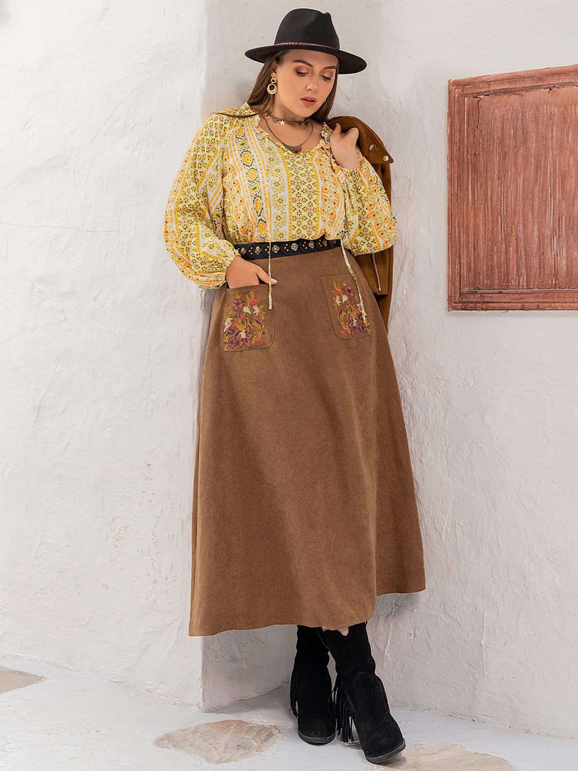 Plus Size Embroidered Pocketed High Waist Skirt