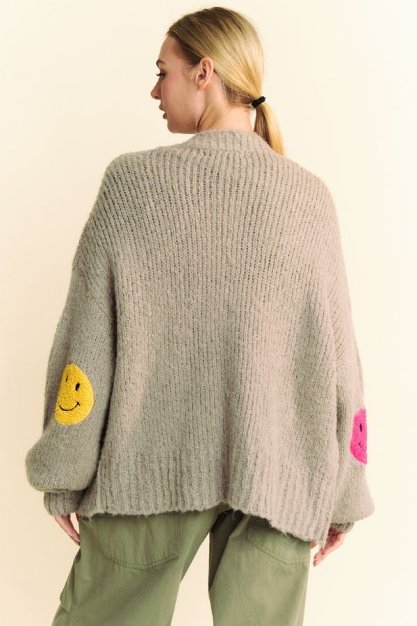 Fuzzy Smile Open Front Long Sleeve Cardigan