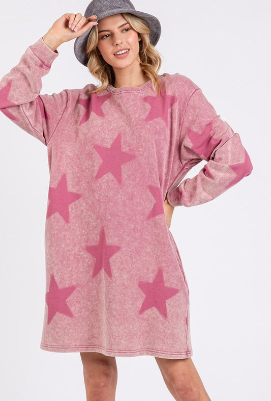 Washed Star Print Round Neck Dress