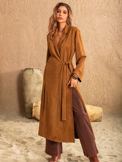 Slit Tied Collared Neck Longline Coat