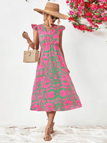 Printed V-Neck Cap Sleeve Dress