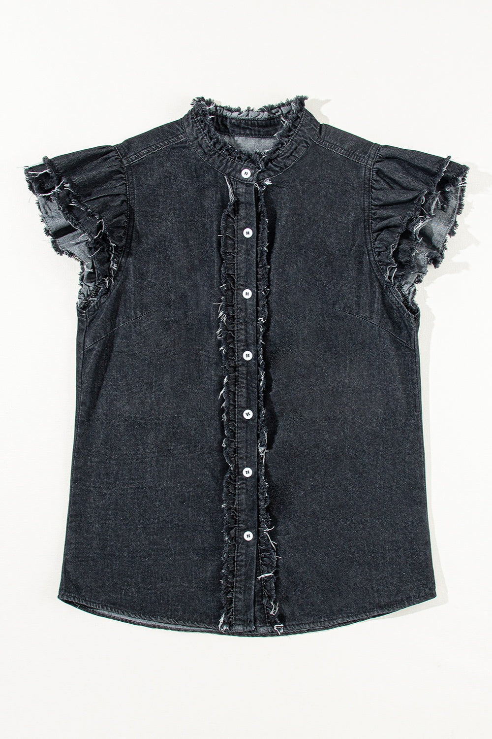 Raw Hem Button Up Cap Sleeve Denim Top