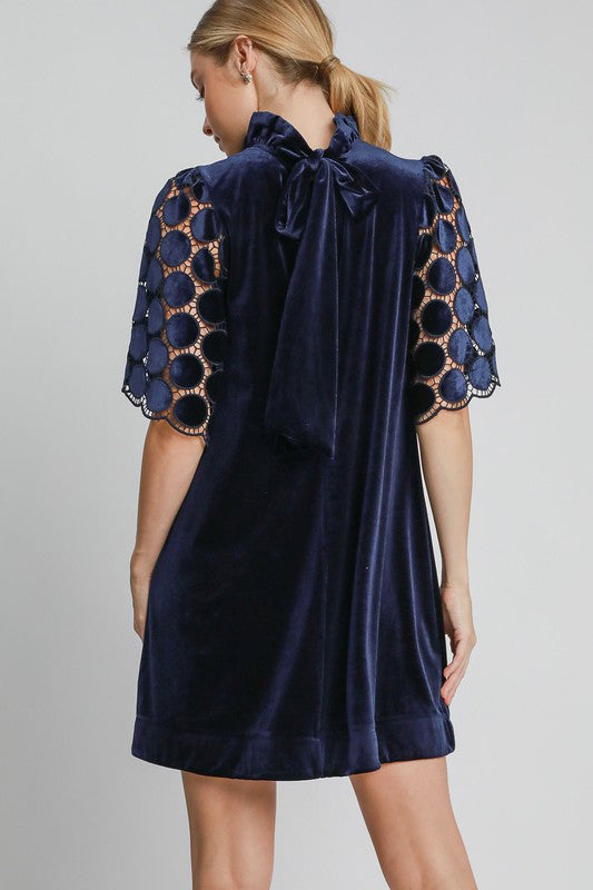 Dotted Lace Half Sleeve Mock Neck Back Tie Velvet Dress