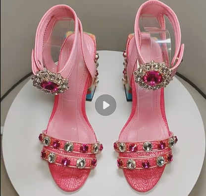 Pink Retro Rhinestones Sheepskin Sandals