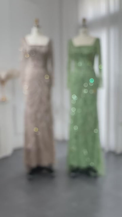 Beaded Square Neck Long Sleeve Mermaid Dress