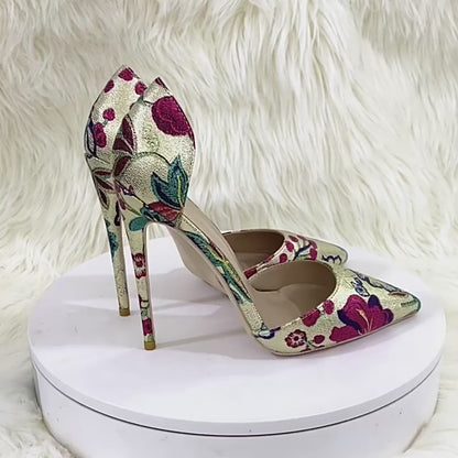 Gold Floral Print Pointed Toe Thin Heel Pumps