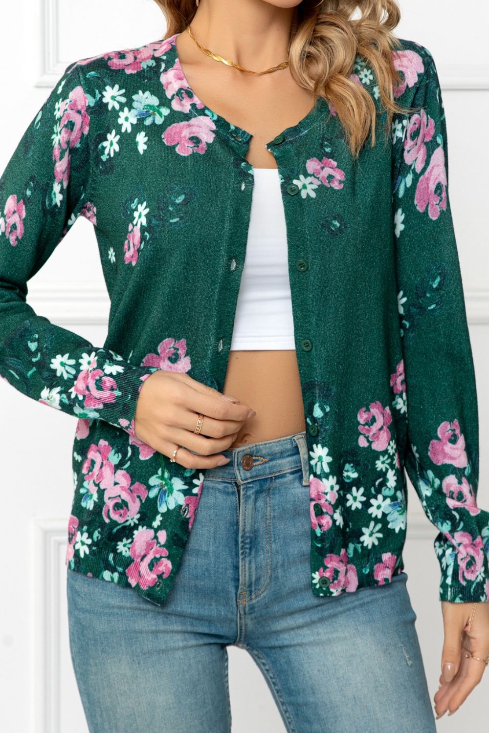 Floral Button Front Round Neck Cardigan