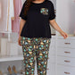 Plus Size Contrast Round Neck Tee and Floral Pants Lounge Set