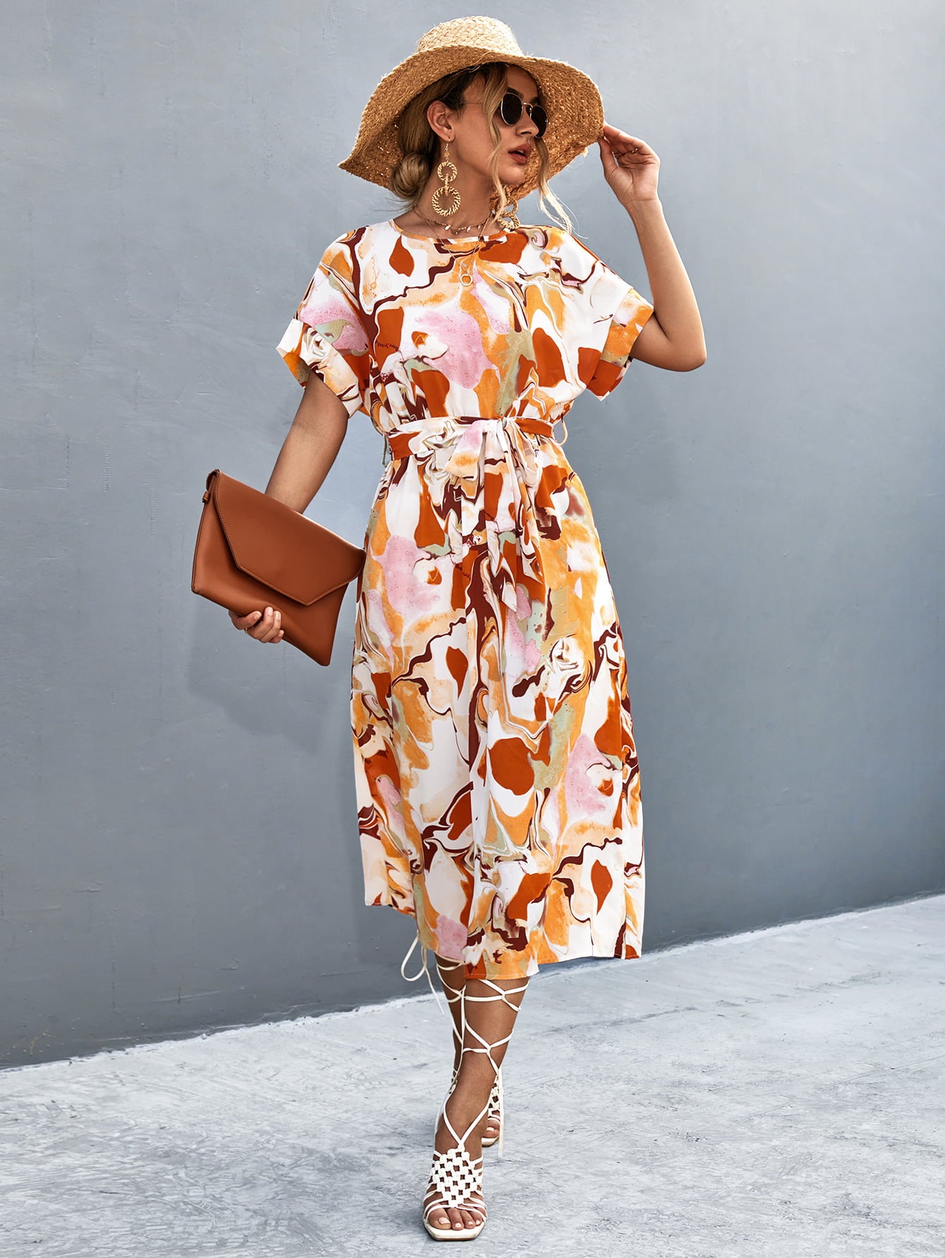 Round Neck Short Sleeve Tie Waist Midi Dress