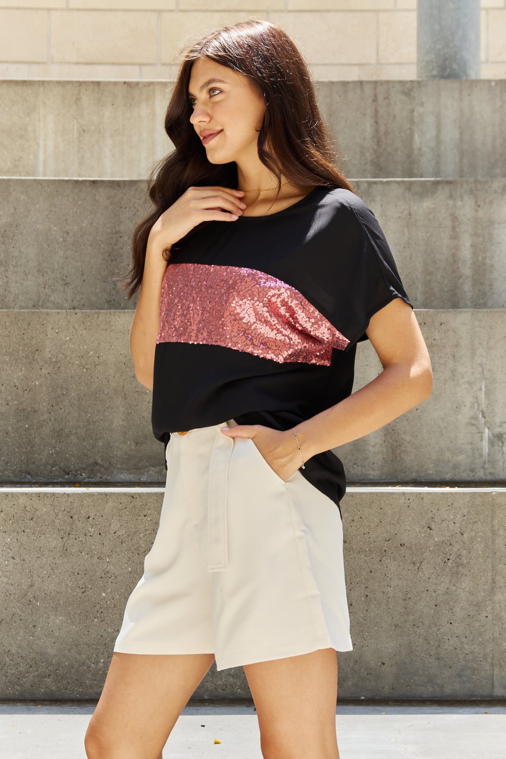 Center Mesh Sequin Top in Black/Mauve