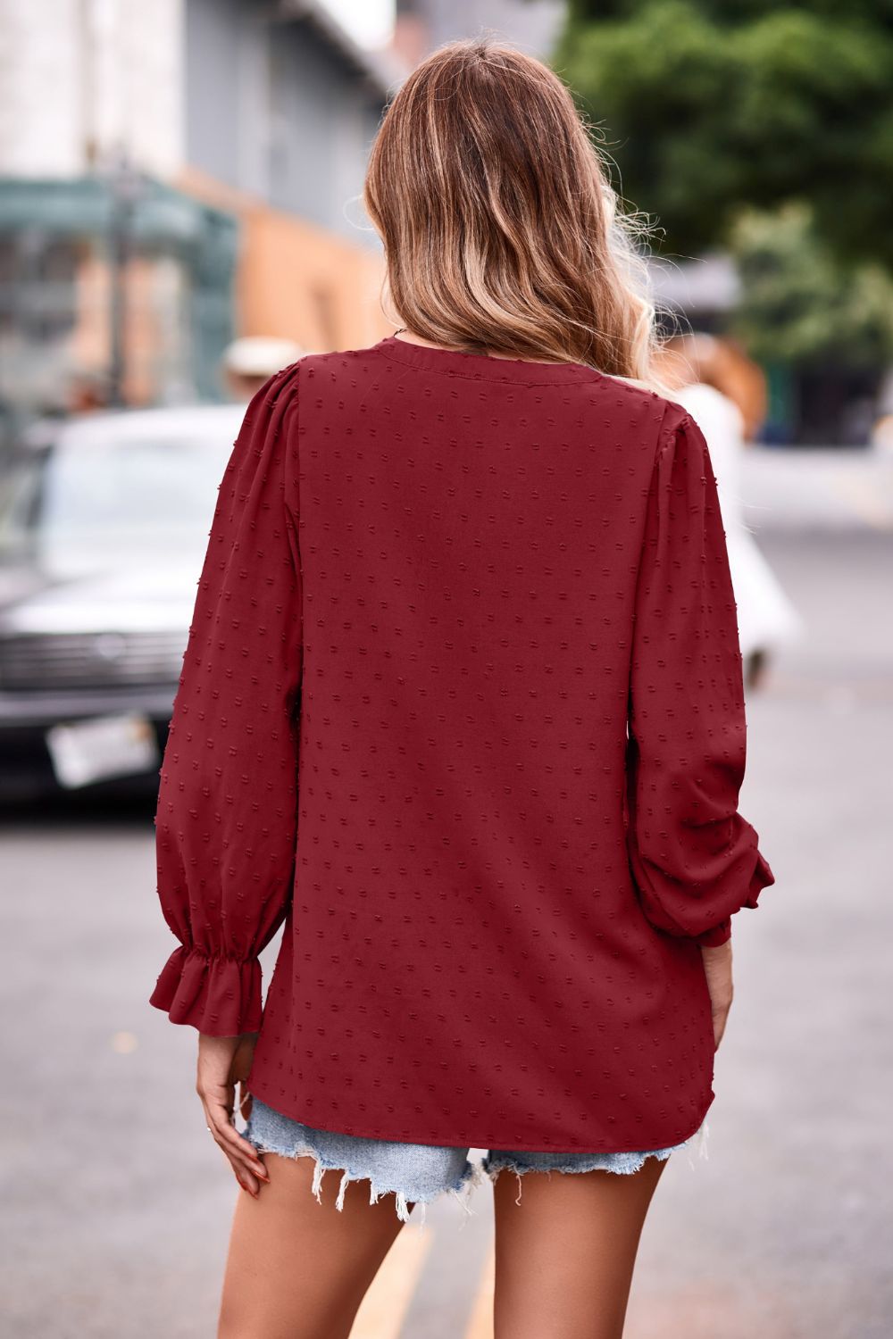 Swiss Dot Notched Neck Flounce Sleeve Blouse