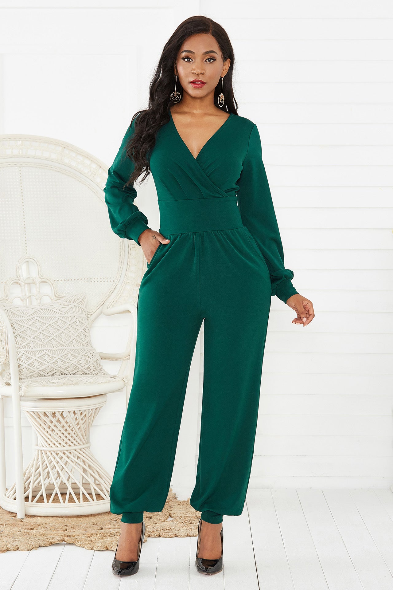 Woman wearing Green Gathered Detail Lantern Sleeve Jumpsuit