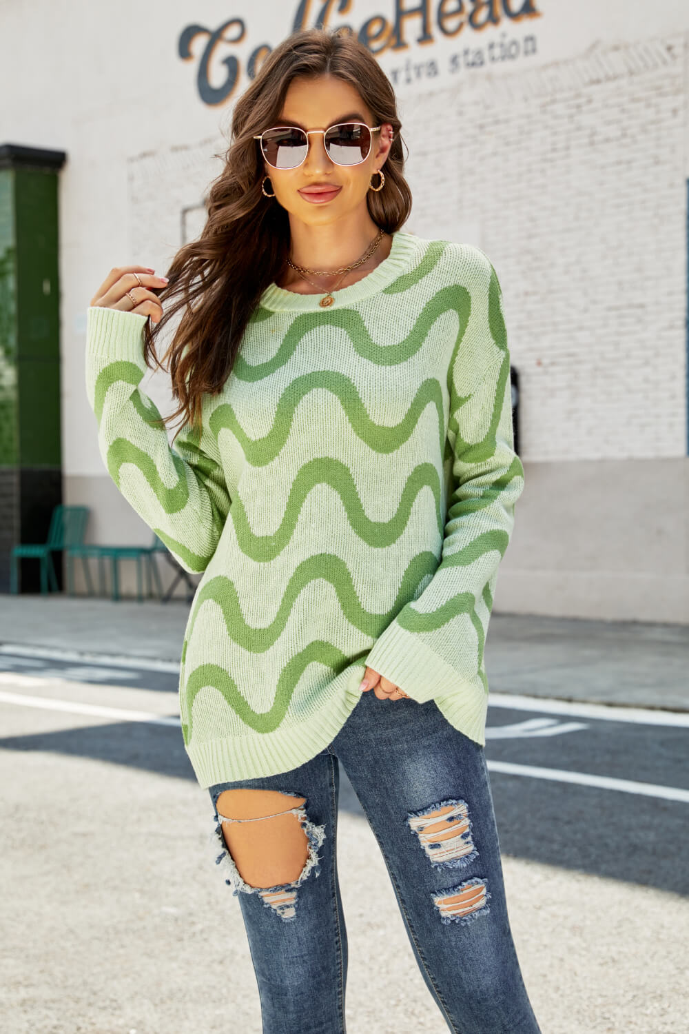 Wave Stripe Ribbed Trim Tunic Sweater